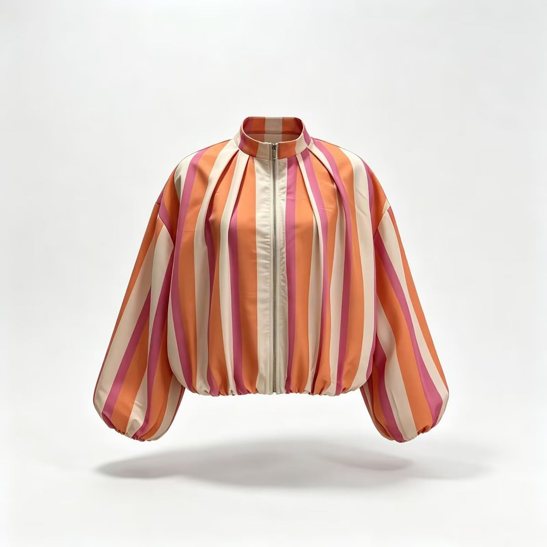 Damen Gestreifter Cropped Blouson mit Faltenansatz, Ballonärmeln und Stehkragen Drune
