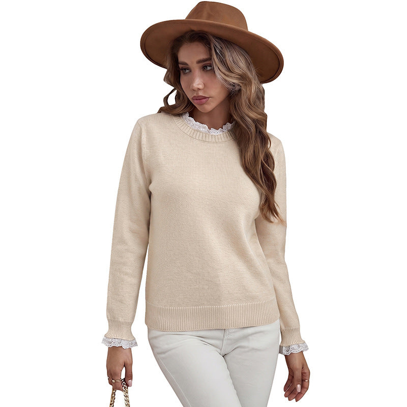 Damen Eleganter Pullover mit Spitzendetails Drune