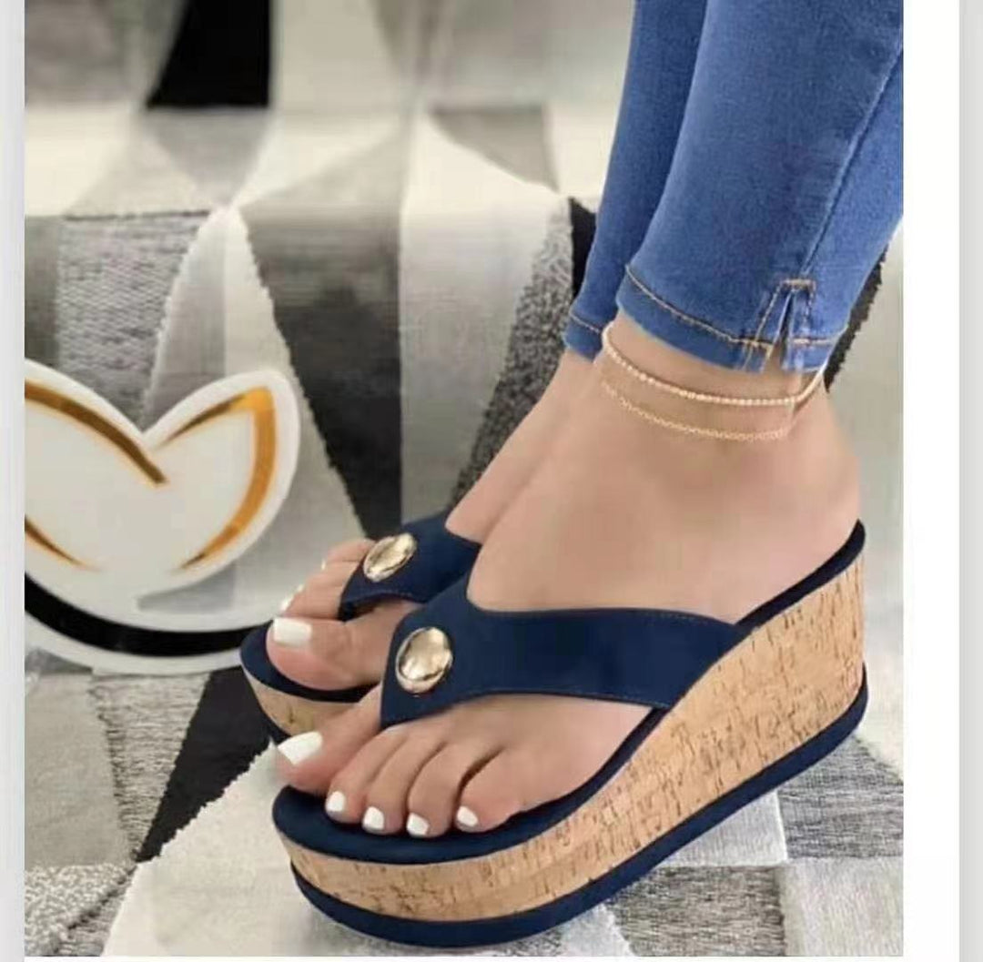 Damen nan Zehentrenner-Plateau-Sandalette mit Korkkeilabsatz und dekorativem Zierknopf Drune