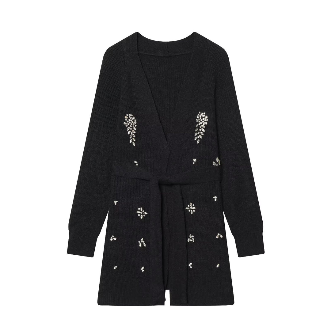 Damen Longcardigan mit Bindegürtel und Schmuckstein‑Applikation Drune