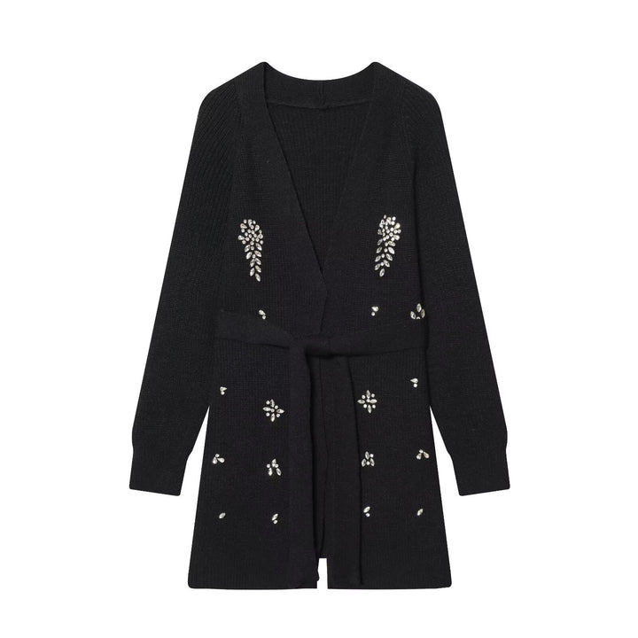 Damen Longcardigan mit Bindegürtel und Schmuckstein‑Applikation Drune