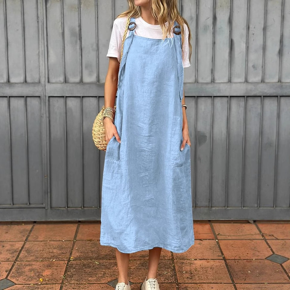 Damen Lässiges Leinenkleid mit praktischen Trägerdetails und großen Taschen Drune