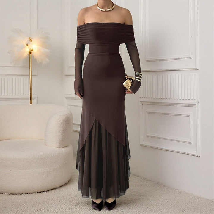 Damen elegantes schulterfreies Maxikleid mit raffiniertem Rüschenoberteil und asymmetrischem Saum Drune