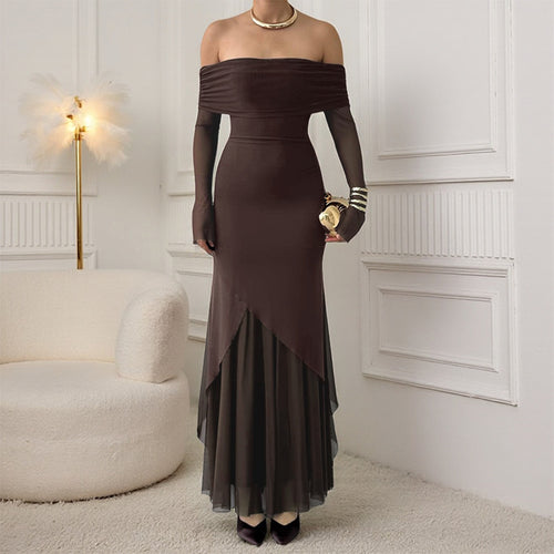 Damen elegantes schulterfreies Maxikleid mit raffiniertem Rüschenoberteil und asymmetrischem Saum Drune