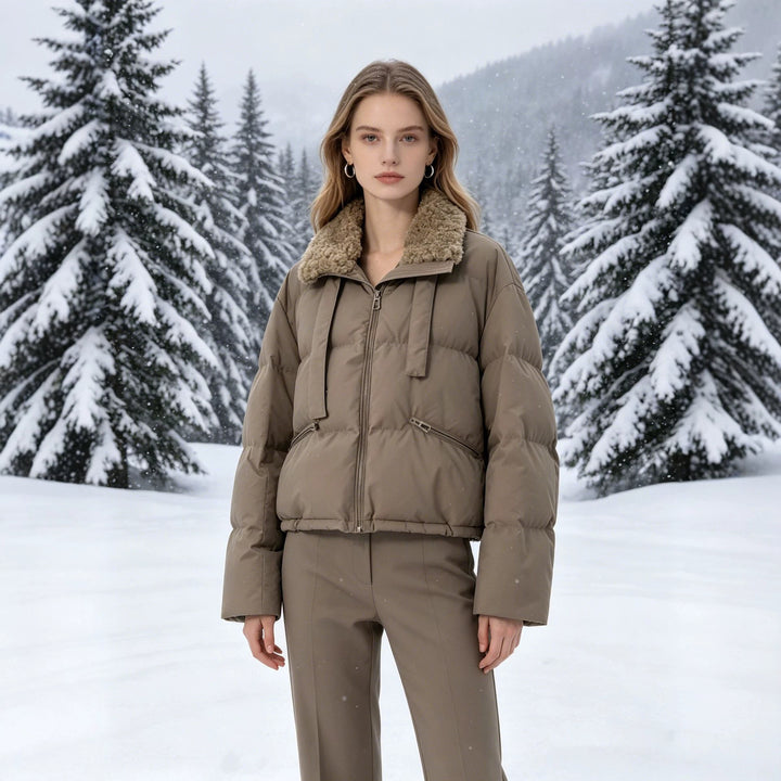 Damen nan cropped wattierte Jacke mit Sherpa-Kragen, hochschließendem Stehkragen und verdecktem Reißverschluss Drune