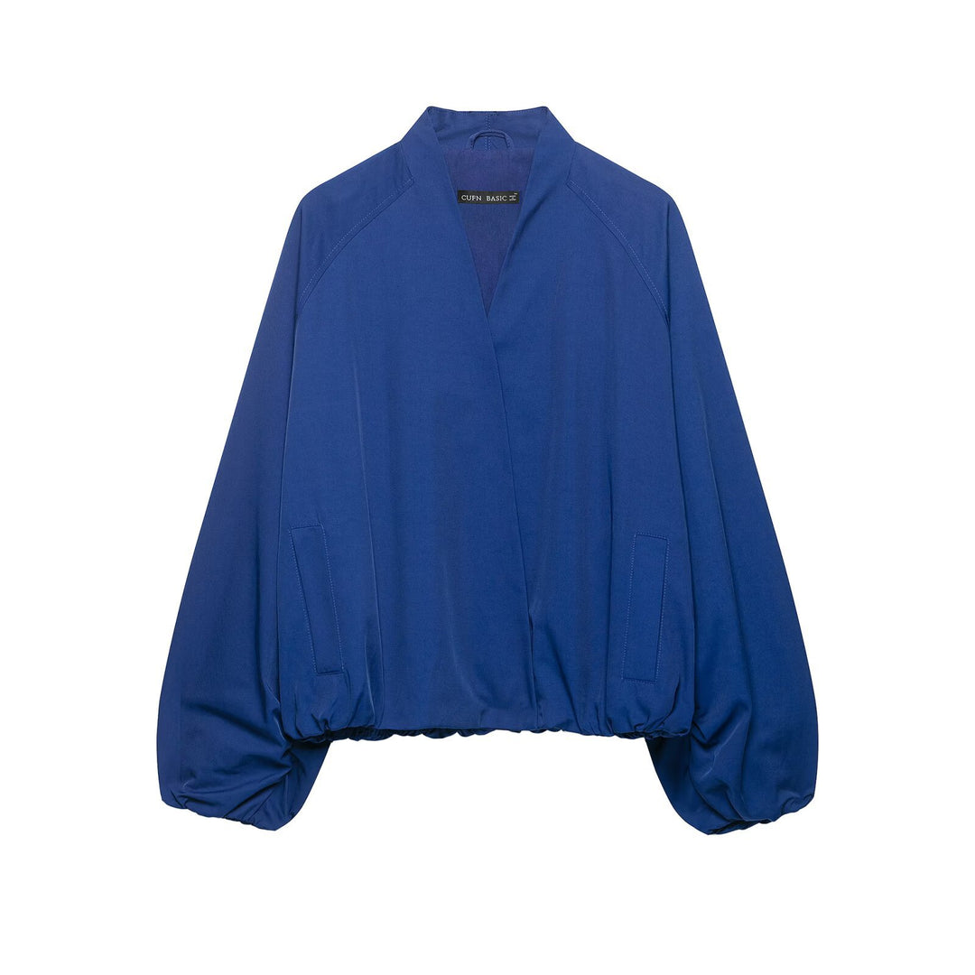 Damen Oversize Cropped Bomberjacke mit offenem V-Ausschnitt und elastischem Saum Drune