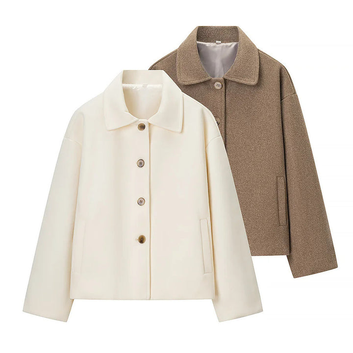 Damen nan boxy Kurzjacke mit oversized Hemdkragen, verdeckter Knopfleiste und nahtlosen Eingrifftaschen Drune