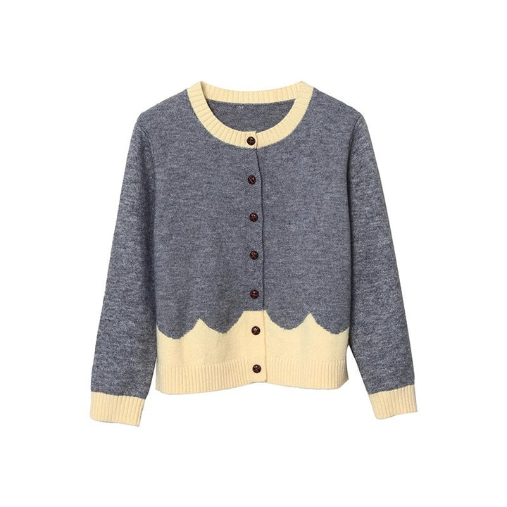 Damen elegante Strickjacke mit buntem Wellenmuster und Knopfdetails Drune