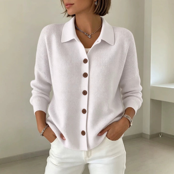 Damen Feinstrick-Cardigan mit Hemdkragen, entspannter Silhouette und Holzknöpfen Drune