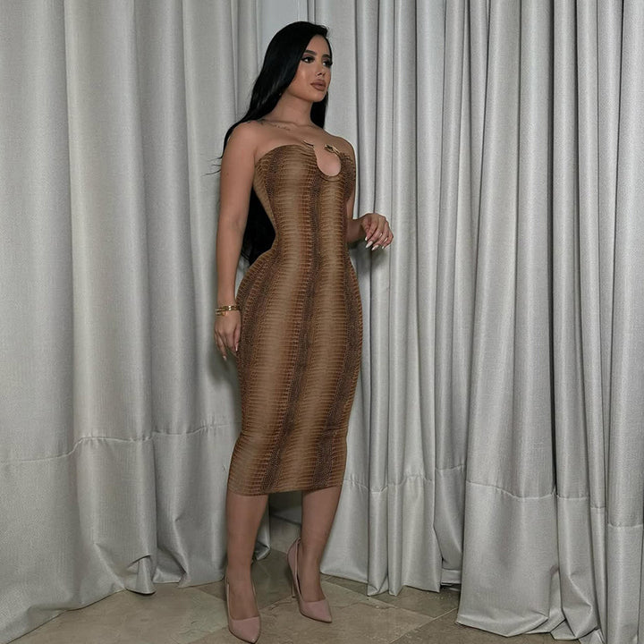 Damen Midikleid mit raffiniertem Schlangenprint und schulterfreiem Design Drune