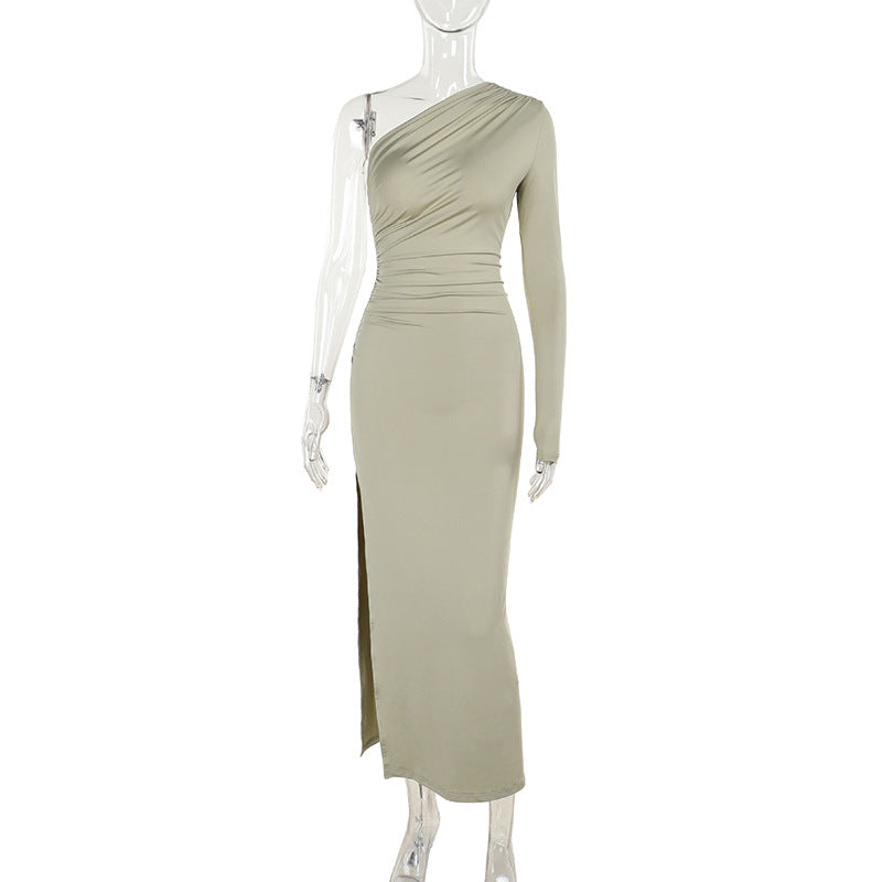 Damen elegantes One-Shoulder Maxikleid mit hohem Schlitzausschnitt Drune