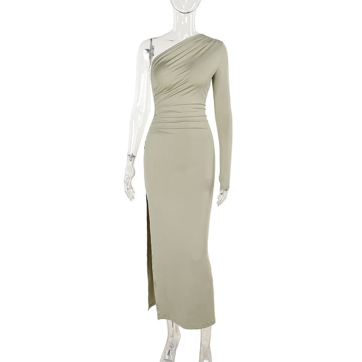 Damen elegantes One-Shoulder Maxikleid mit hohem Schlitzausschnitt Drune