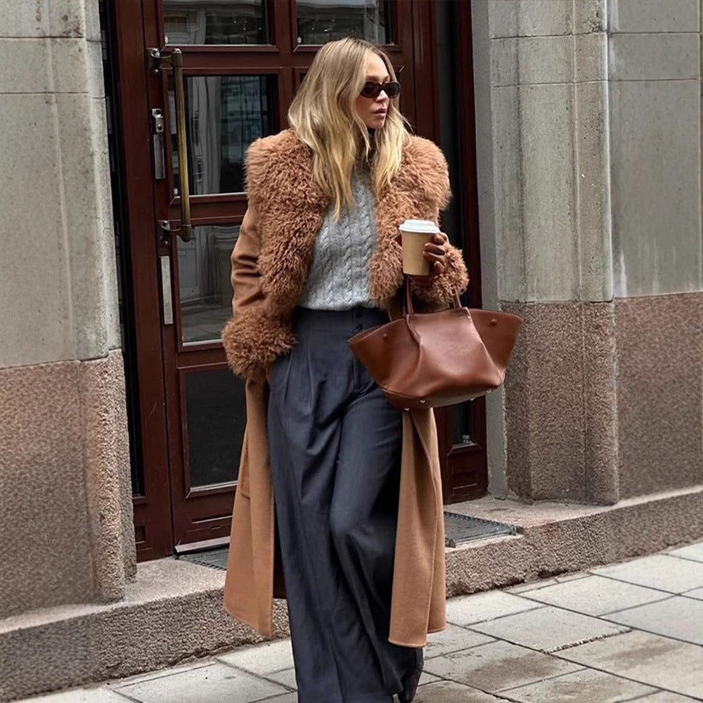 Damen Maxilanger Wollmixmantel mit abnehmbarem lockigem Faux‑Fur‑Schalkragen und Fellmanschetten Drune
