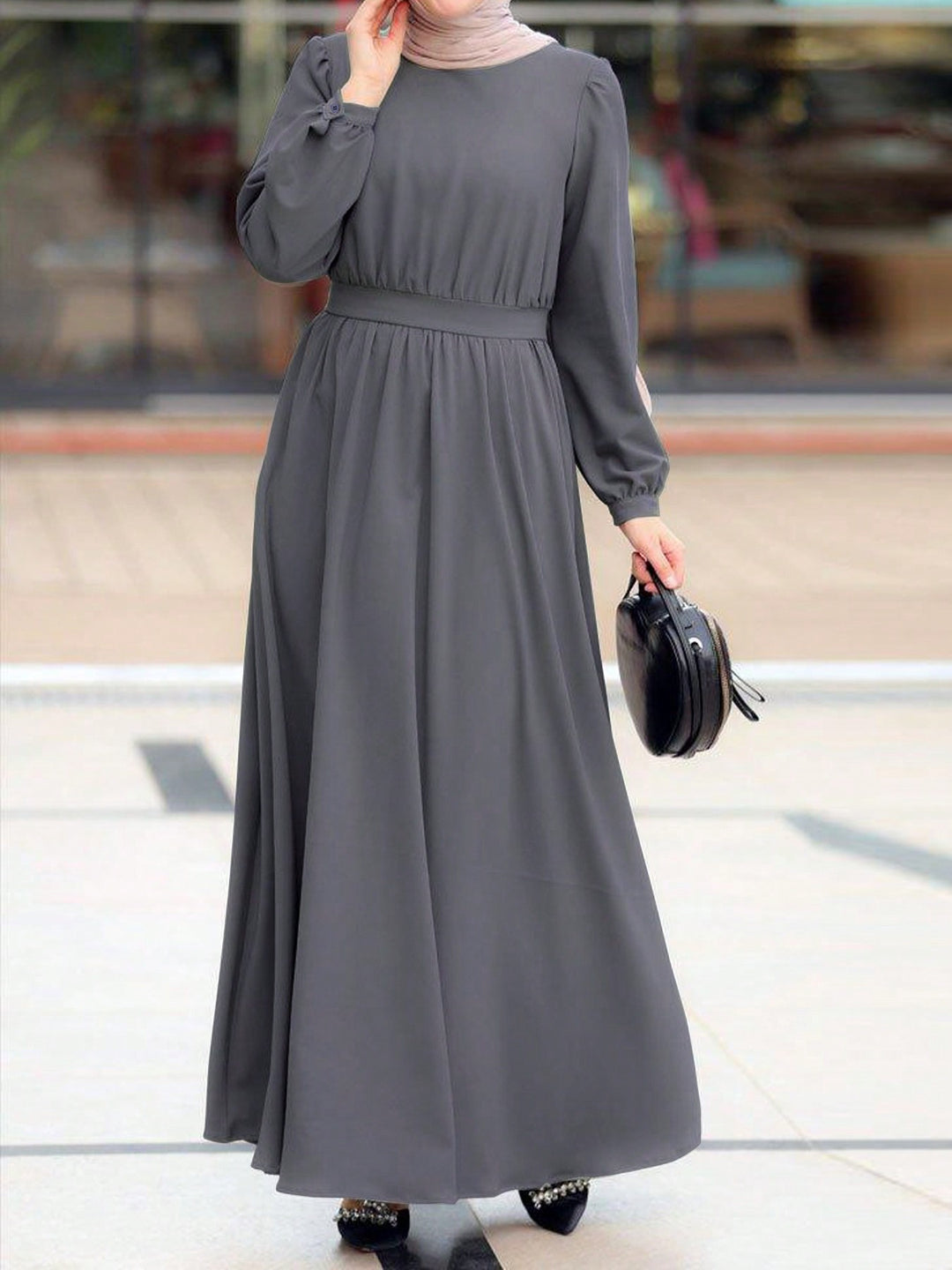 Damen Maxikleid mit elastischem Taillenbund und langen Ärmeln Drune