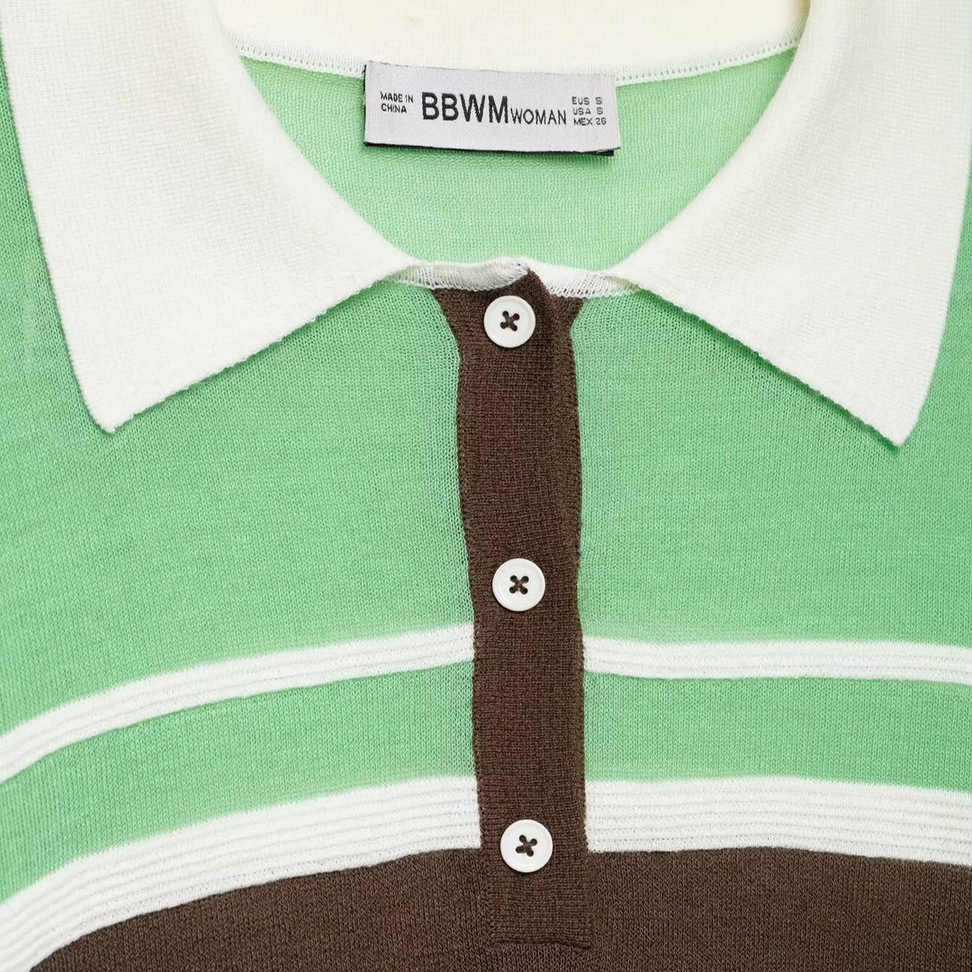 Damen Gestreifter Cropped‑Polo‑Pullover mit Knopfleiste und Rippbündchen Drune