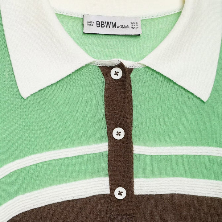 Damen Gestreifter Cropped‑Polo‑Pullover mit Knopfleiste und Rippbündchen Drune