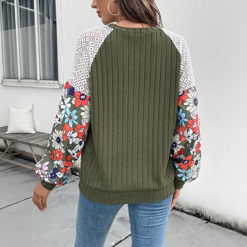 Damen Gerippter Strickpullover mit Häkel-Schulter & gDrunelümten Ballonärmeln Drune