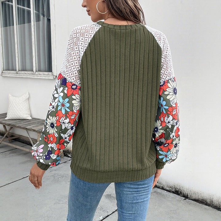 Damen Gerippter Strickpullover mit Häkel-Schulter & gDrunelümten Ballonärmeln Drune
