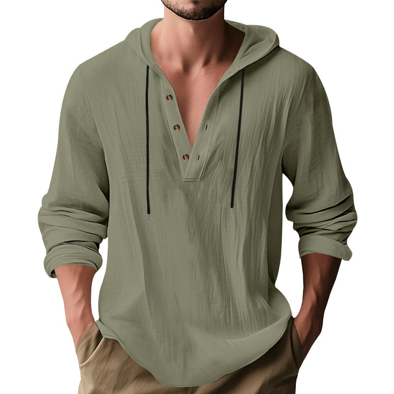 Herren nan lässiges Leinenhemd mit Kapuze und Henley-Knopfleiste Drune