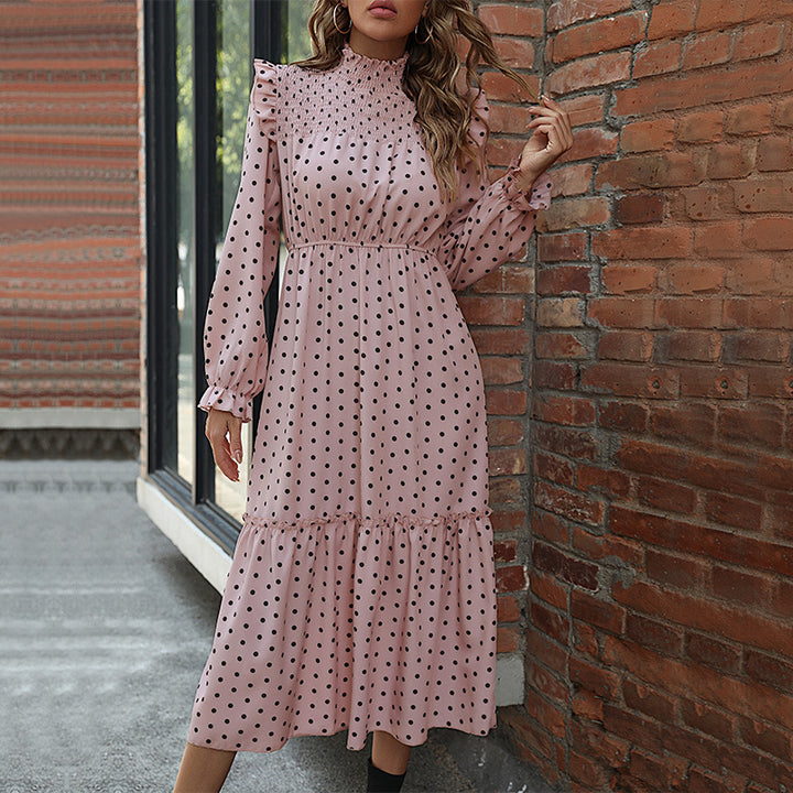 Damen Midikleid mit Smokkragen, Rüschen‑Details, Taillen‑Gummizug und Stufenrock Drune