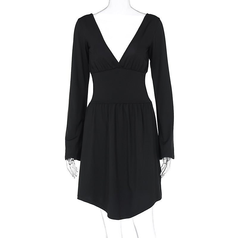 Damen elegantes Kleid mit tiefem V-Ausschnitt und langen Ärmeln Drune