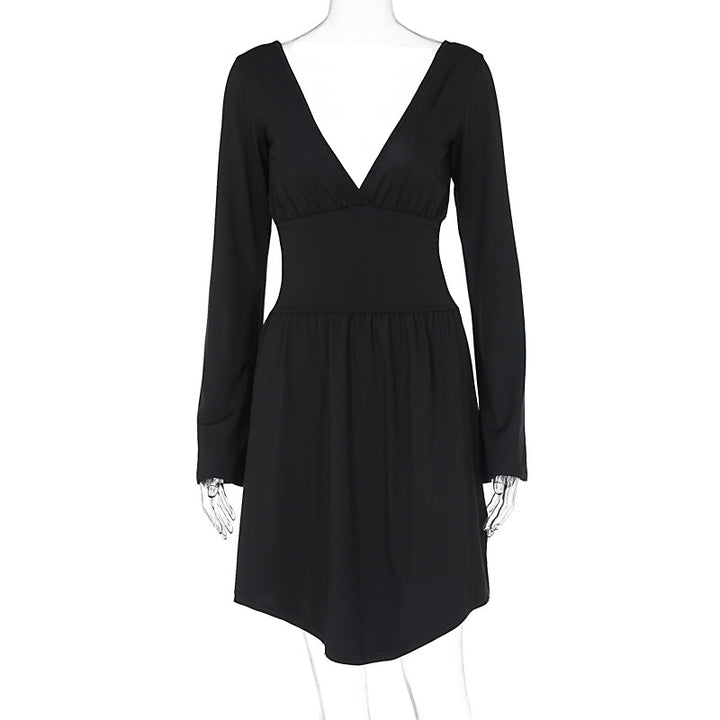 Damen elegantes Kleid mit tiefem V-Ausschnitt und langen Ärmeln Drune