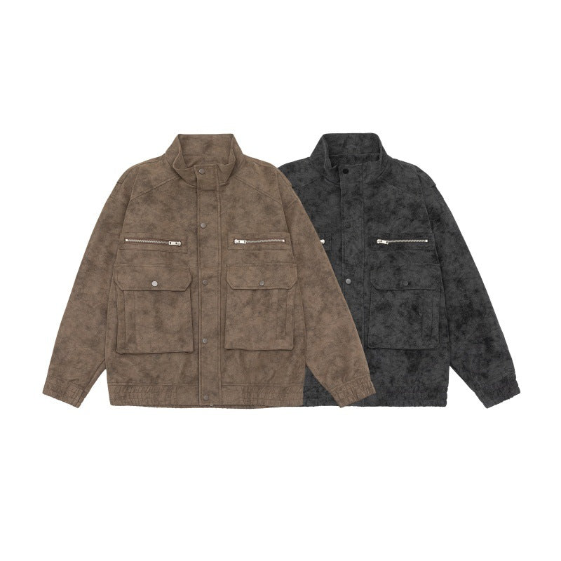 Herren Boxy Utility-Blousonjacke aus Veloursoptik mit Stehkragen und Mehrfachtaschen Drune