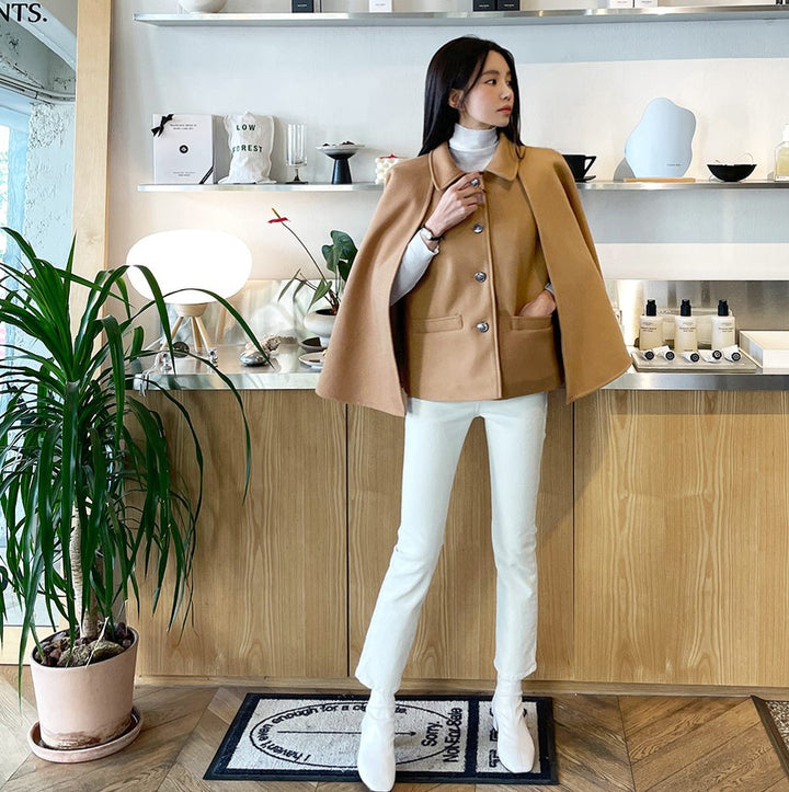 Damen Kurzer Wollmix-Cape-Mantel mit Hemdkragen und aufgesetzten Taschen Drune