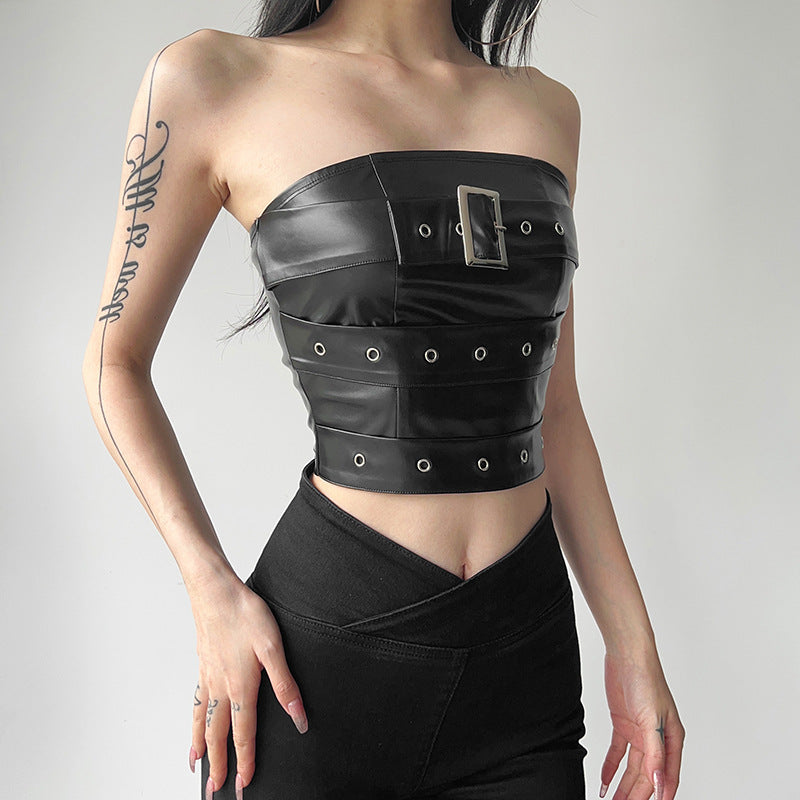 Damen Couture Oberteil aus Leder mit dekorativen Schnallen und Ösen Drune