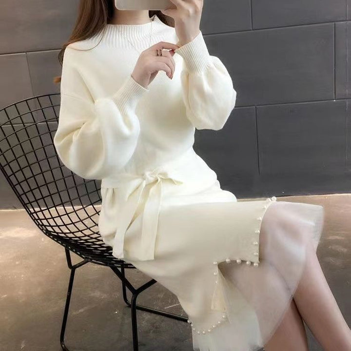 Damen elegantes Strickkleid mit Taillengürtel und dekorativem Saum Drune