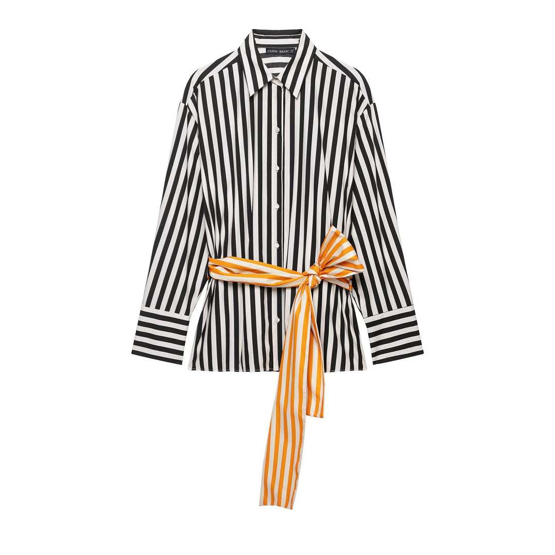 Damen Hemdblusen‑Kleid mit vertikalen Streifen und markantem Schleifengürtel Drune