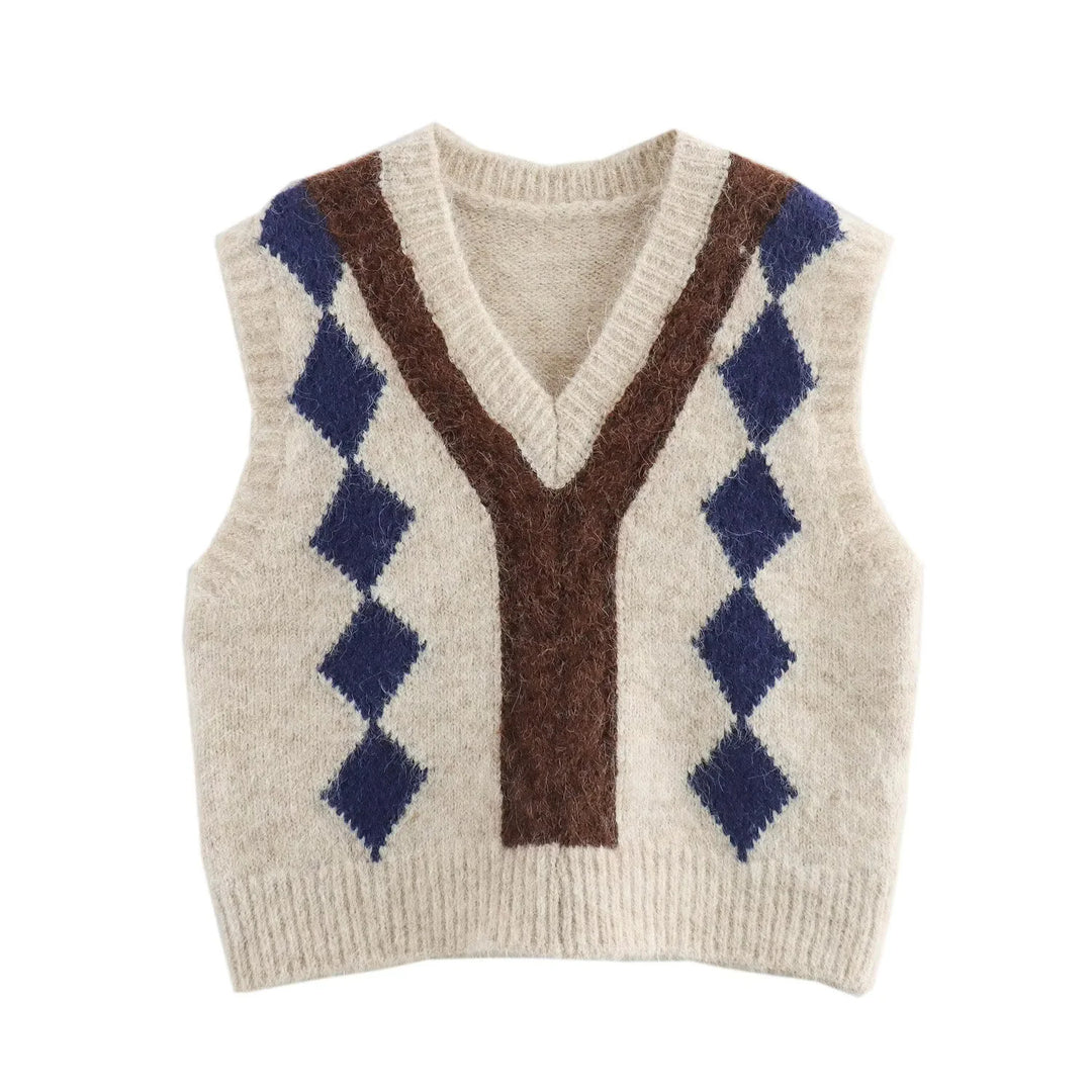 Damen Argyle-Strickweste mit V-Ausschnitt und flauschiger Mohair-Optik Drune
