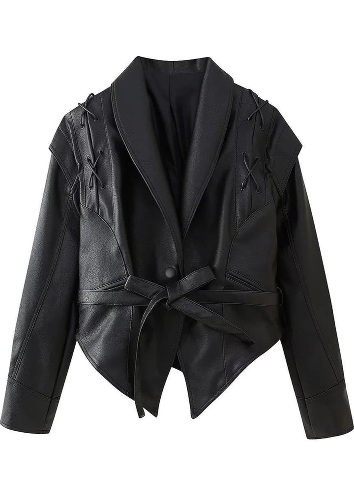 Drune | Schwarzer PU-Leder Damen Blazer mit Gürtel
