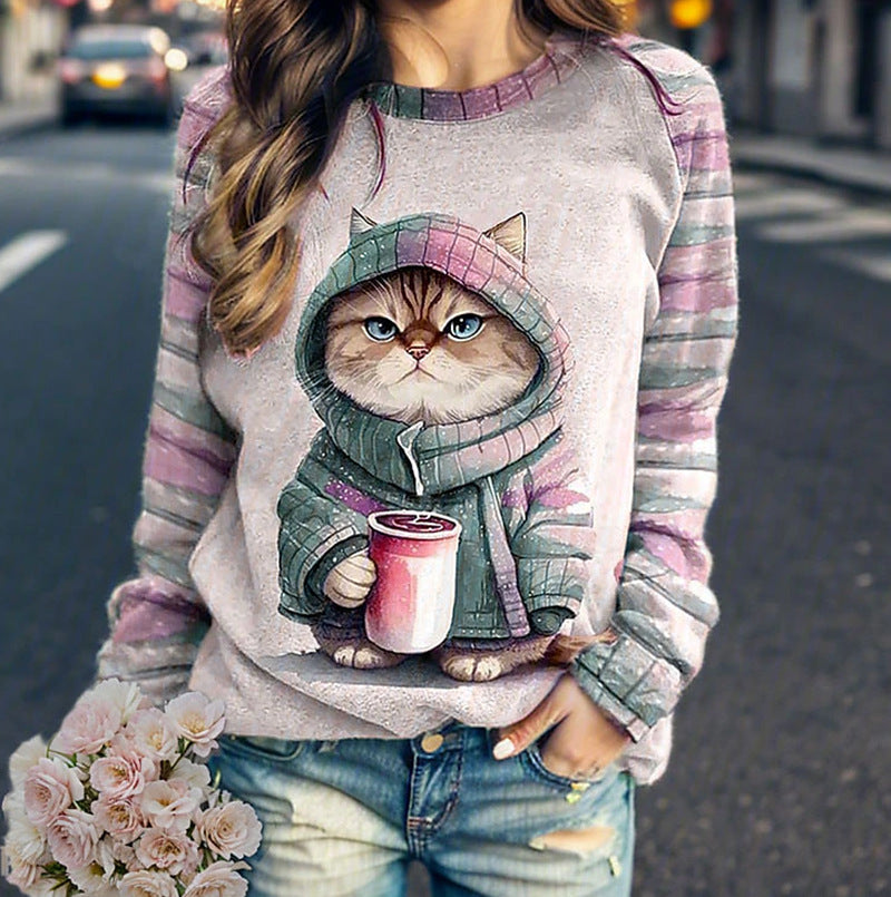 Damen nan lässiges Sweatshirt mit großem Kätzchen-Frontprint und gestreiften Raglanärmeln Drune