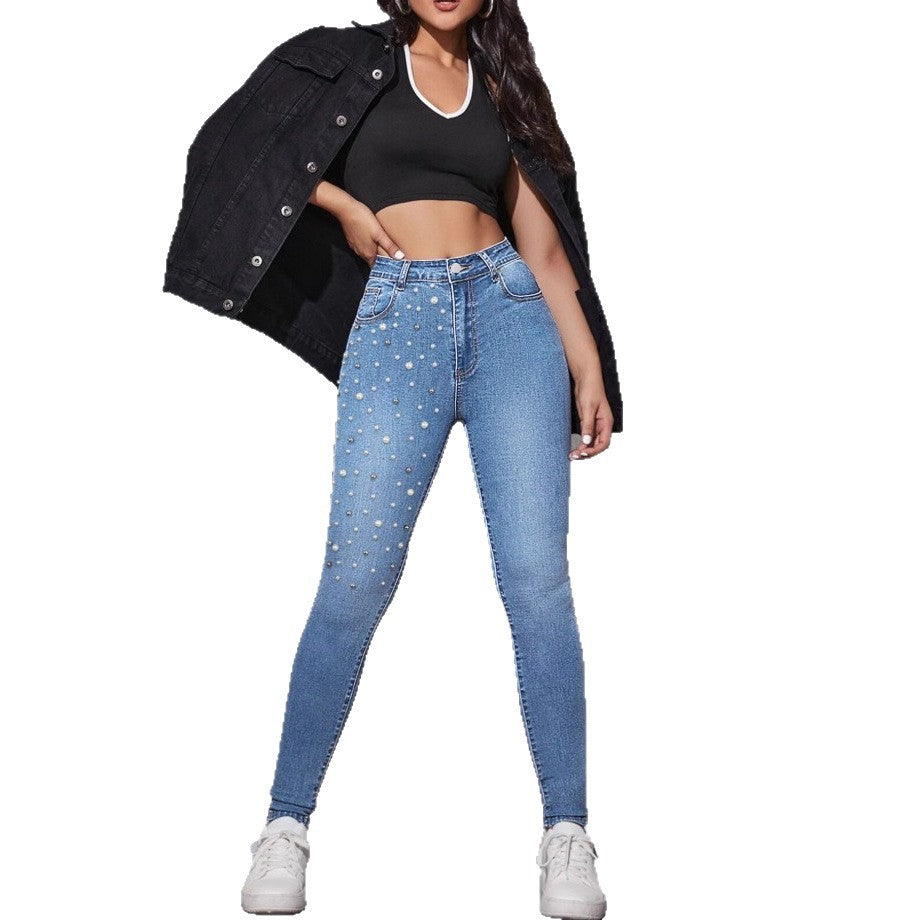 Damen Hochgeschnittene Sculpting-Skinny-Jeans mit asymmetrischem Perlenmuster Drune