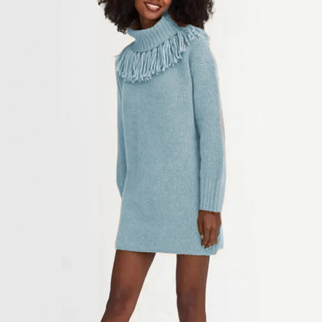 Damen Strickkleid mit Fransenkragen und gerippten Ärmeln Drune
