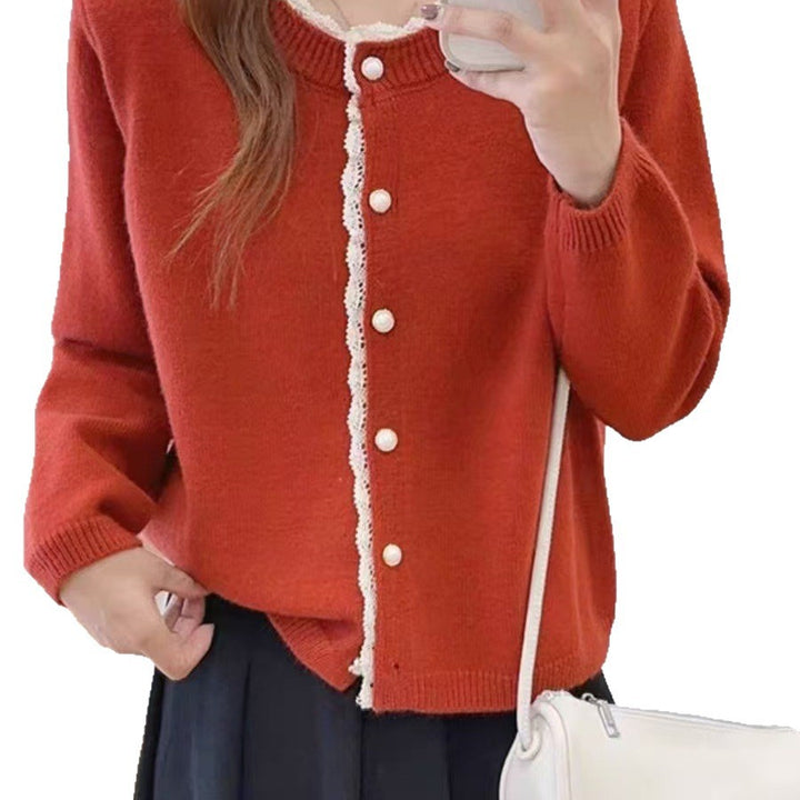 Damen Flauschiger Strickcardigan mit Spitzenverzierung Drune