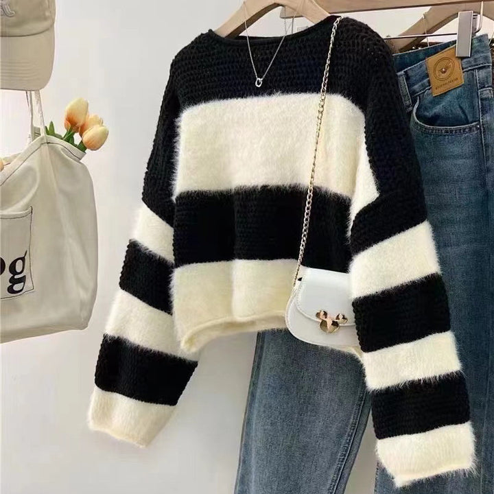 Damen gemütlicher Pullover mit weitem Schnitt und auffälligem Streifenmuster Drune