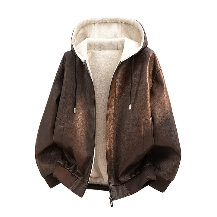 Herren Kapuzenjacke aus Leder mit Teddyfutter Drune