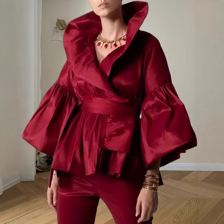 Damen Elegante Wickeljacke mit voluminösen Ärmeln und modernem Kragen Drune