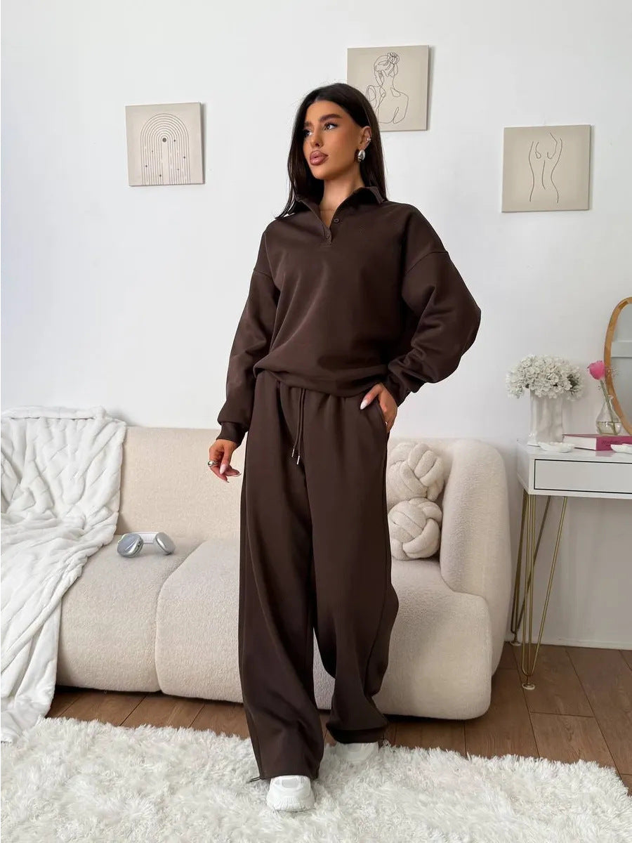Damen weites Polo-Lounge-Set mit elastischem Tunnelzugbund und Wide‑Leg-Jogginghose Drune