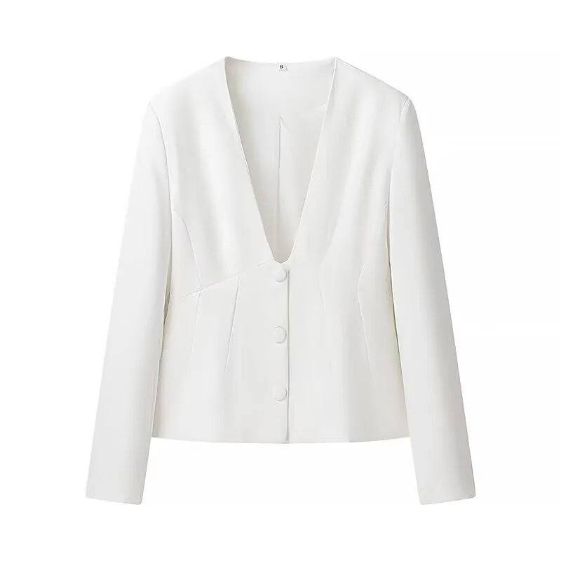 Damen nan taillierter Blazer mit tiefem V-Ausschnitt, dekorativen Wiener Nähten und bezogenen Knöpfen Drune