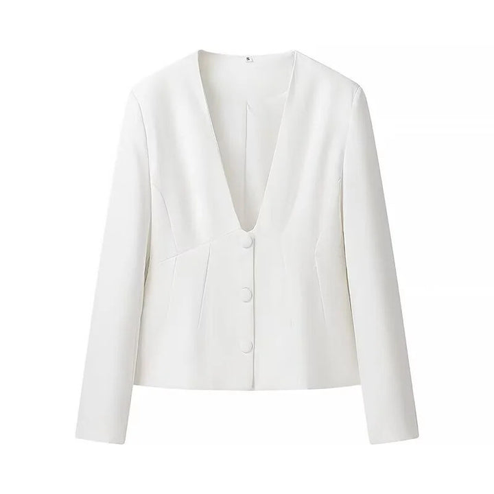 Damen nan taillierter Blazer mit tiefem V-Ausschnitt, dekorativen Wiener Nähten und bezogenen Knöpfen Drune