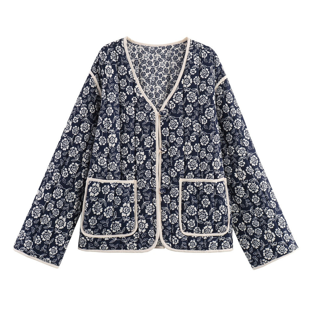 Damen gesteppte Jacke mit floralem Allover, V-Ausschnitt, Kontrastpaspel und aufgesetzten Taschen Drune