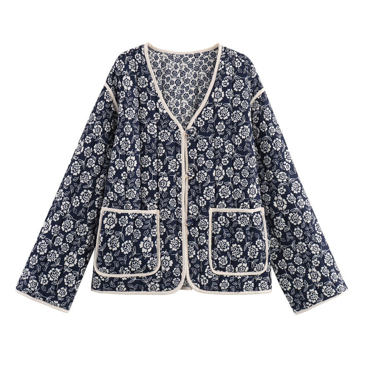 Damen gesteppte Jacke mit floralem Allover, V-Ausschnitt, Kontrastpaspel und aufgesetzten Taschen Drune