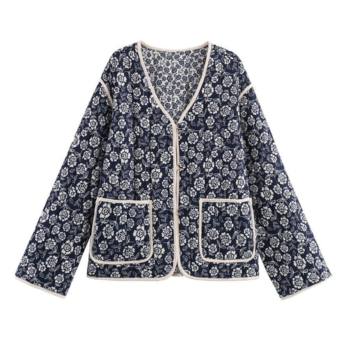 Damen gesteppte Jacke mit floralem Allover, V-Ausschnitt, Kontrastpaspel und aufgesetzten Taschen Drune