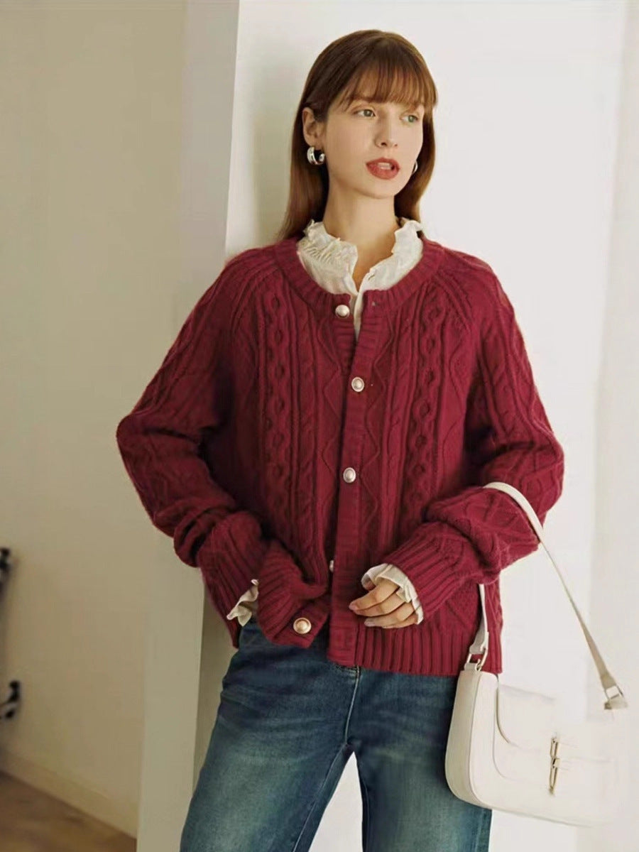 Damen Kuscheliger Zopf- und Rautenstrick-Cardigan mit Perlmuttknopfblende Drune