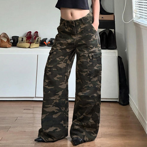 Damen nan weite Cargo-Hose mit Camouflage-Print, hoher Taille und mehreren aufgesetzten Beintaschen Drune