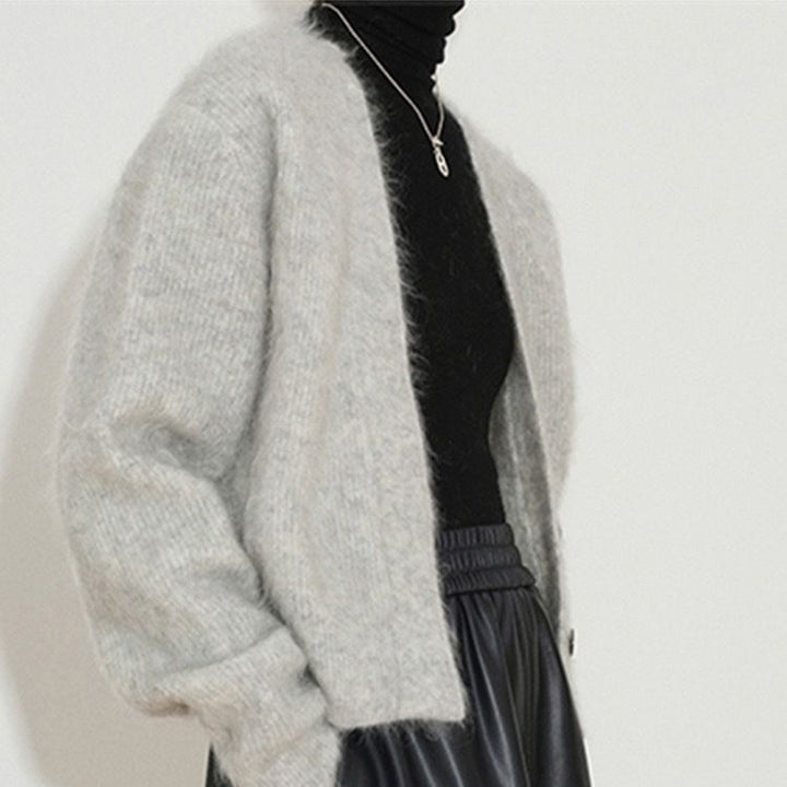 Damen elegante Strickjacke mit modernem Schnitt und hohen Kragen Drune