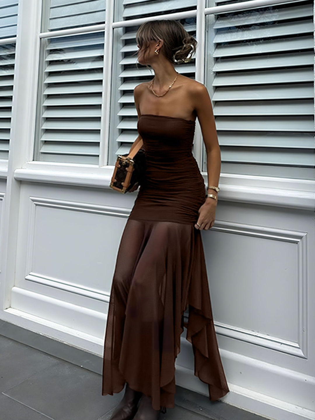 Damen Extravaganter Maxikleid mit Raffungen und asymmetrischem Saum Drune